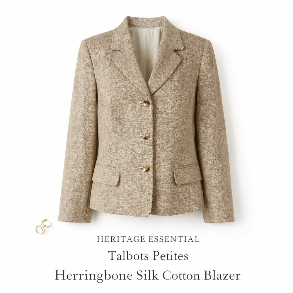 Talbots Petites Herringbone Blazer 10P Silk Cotton Lined Cream Mocha Jacket